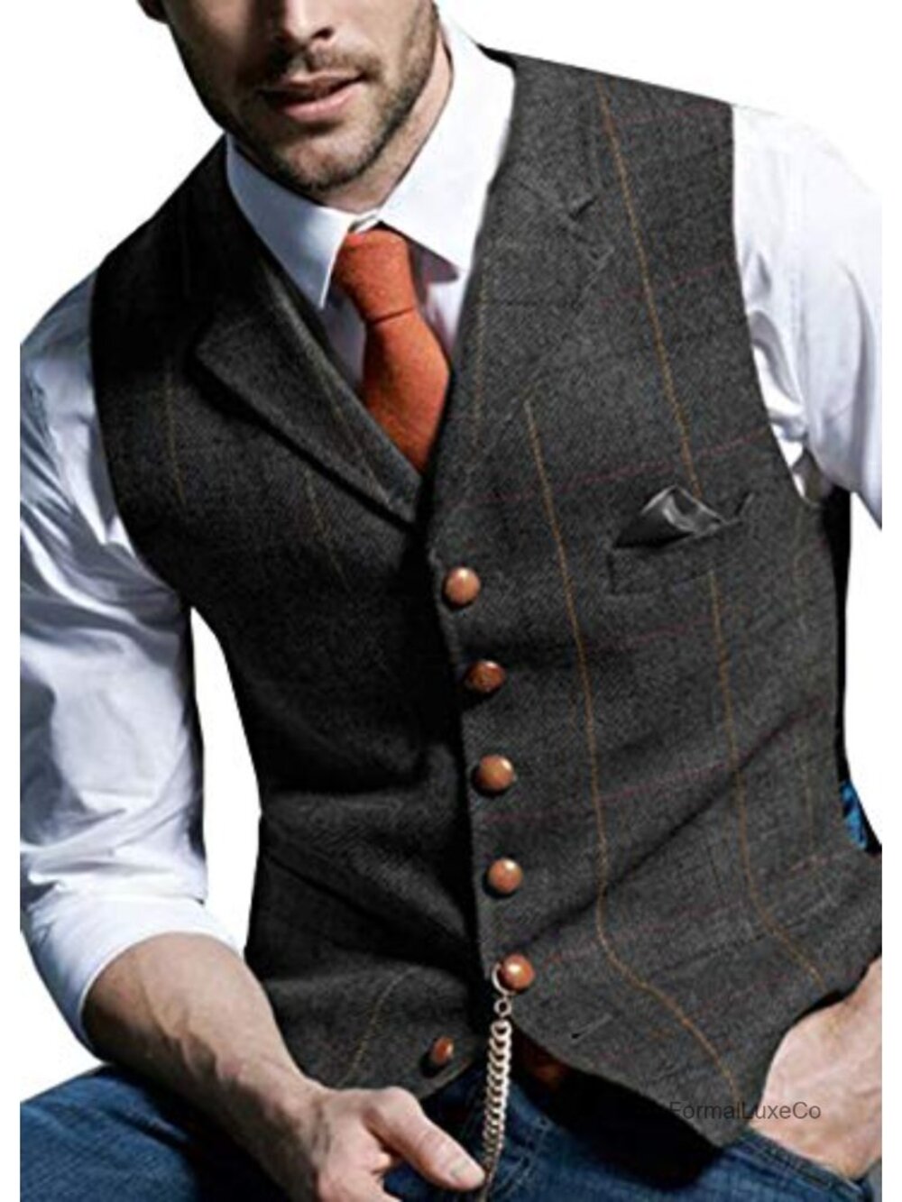 Men's Plaid Wool Tweed Vest Classic Fit Wedding Waistcoat